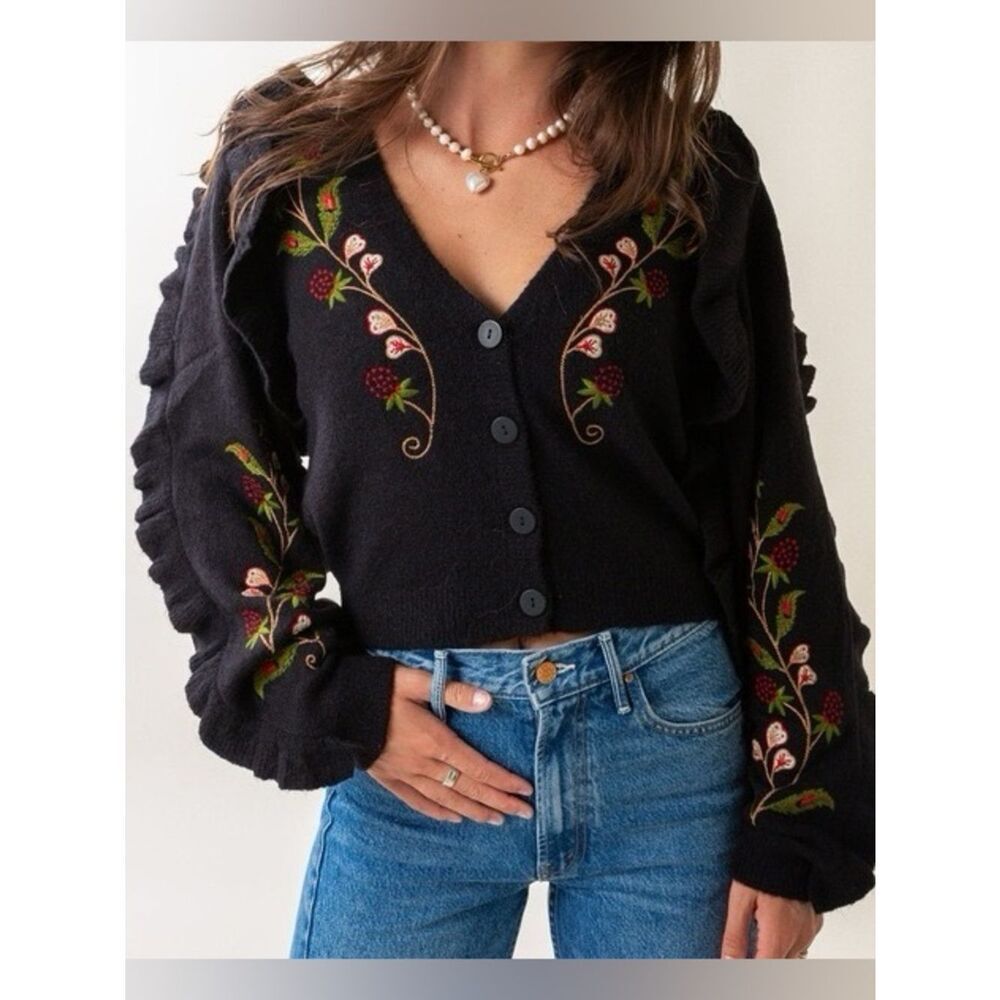 Farm Rio Berry-Embroidered Black V-Neck Button Cardigan Sweater Size Small